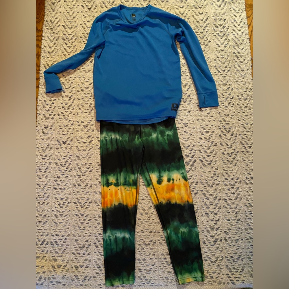 Kids Blue Long-Sleeve Top with Green & Yellow Tie-Dye Leggings Matching Set